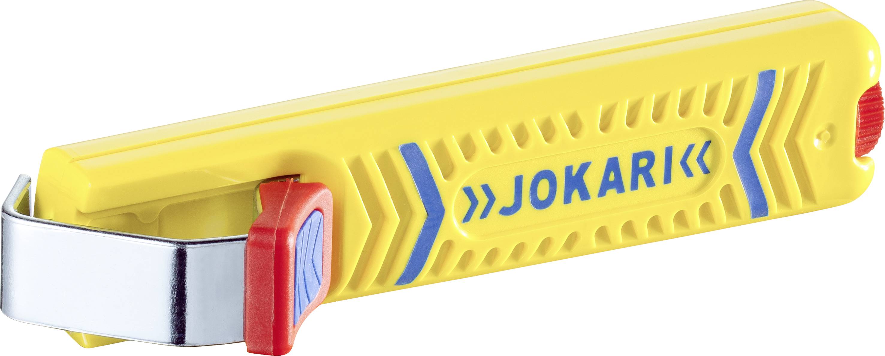 Ett gult verktyg för avisolering med blå text 'Jokari' på sidan, en röd knapp och ett metallblad.