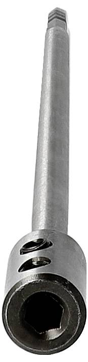Metallhexbit-uttag med långt skaft och två sidohål, visat på vit bakgrund.
