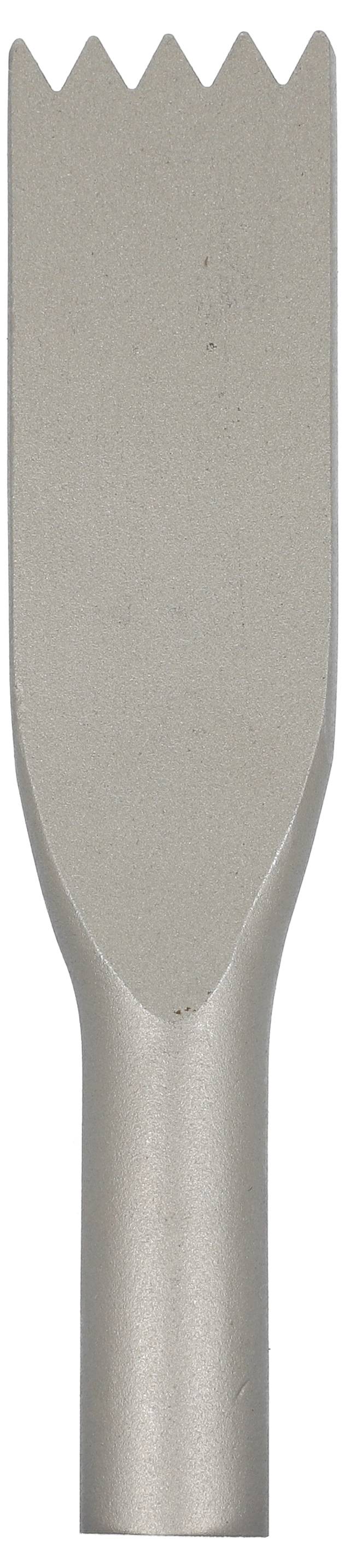 En metallstål eller platt skärverktyg med en spetsig, tandad överkant och ett slätt cylindriskt handtag, visad mot en vit bakgrund.