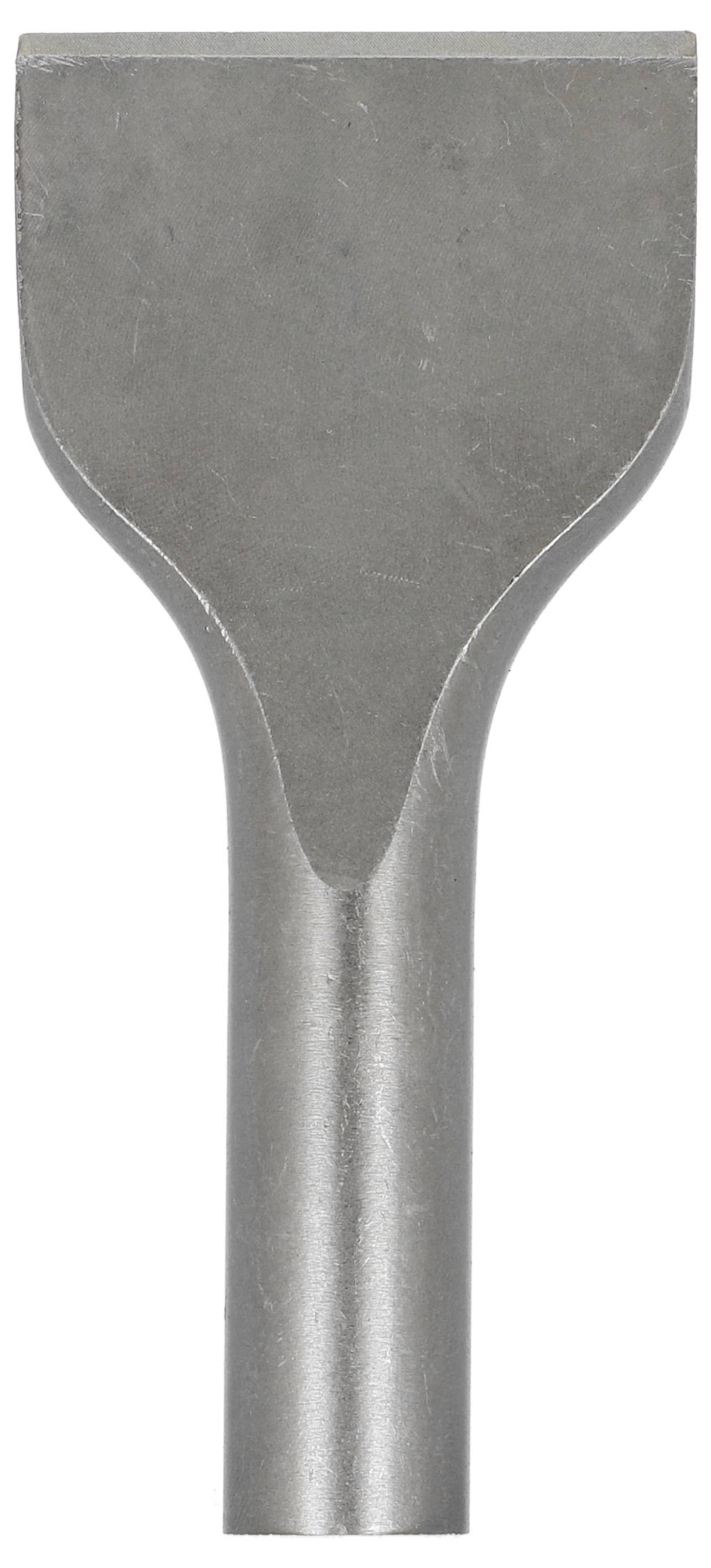 Grå metallspade eller skrapverktyg med en platt rektangulär blad och cylindriskt handtag, visad på en vit bakgrund.