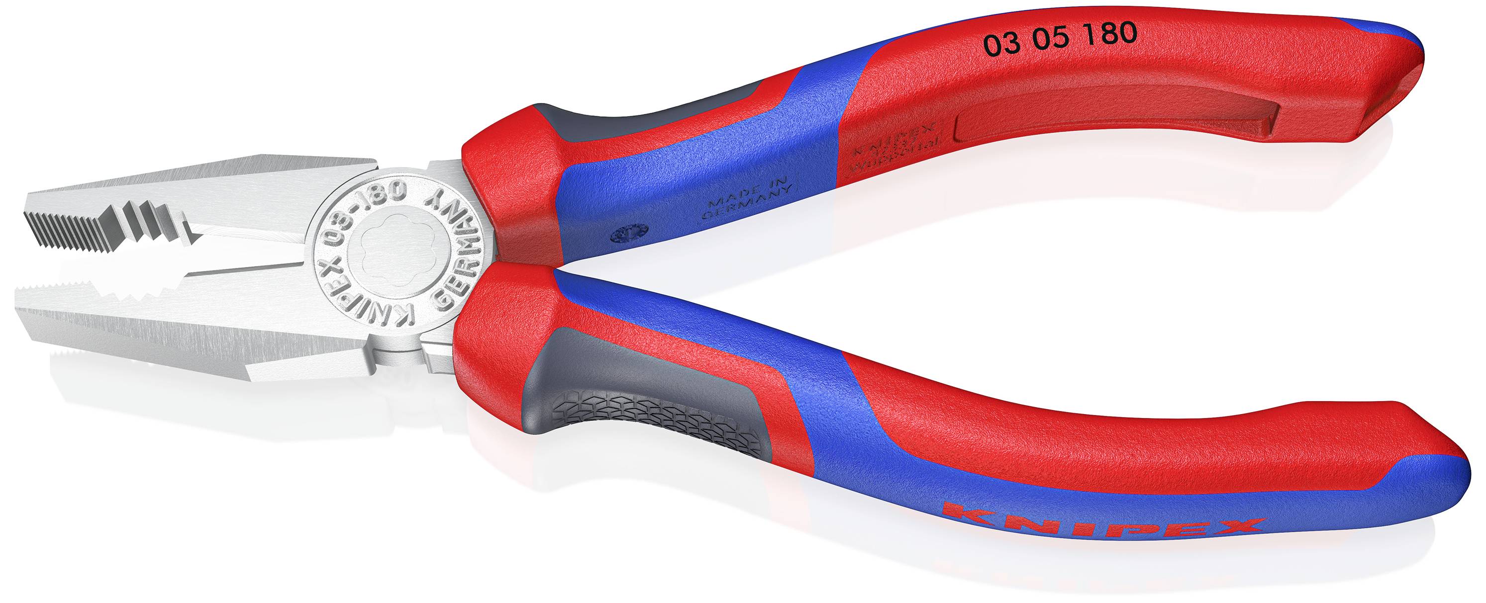 En röd och blå kombinationstång med ergonomiskt grepp, lämplig för klippning, gripande och hållande.