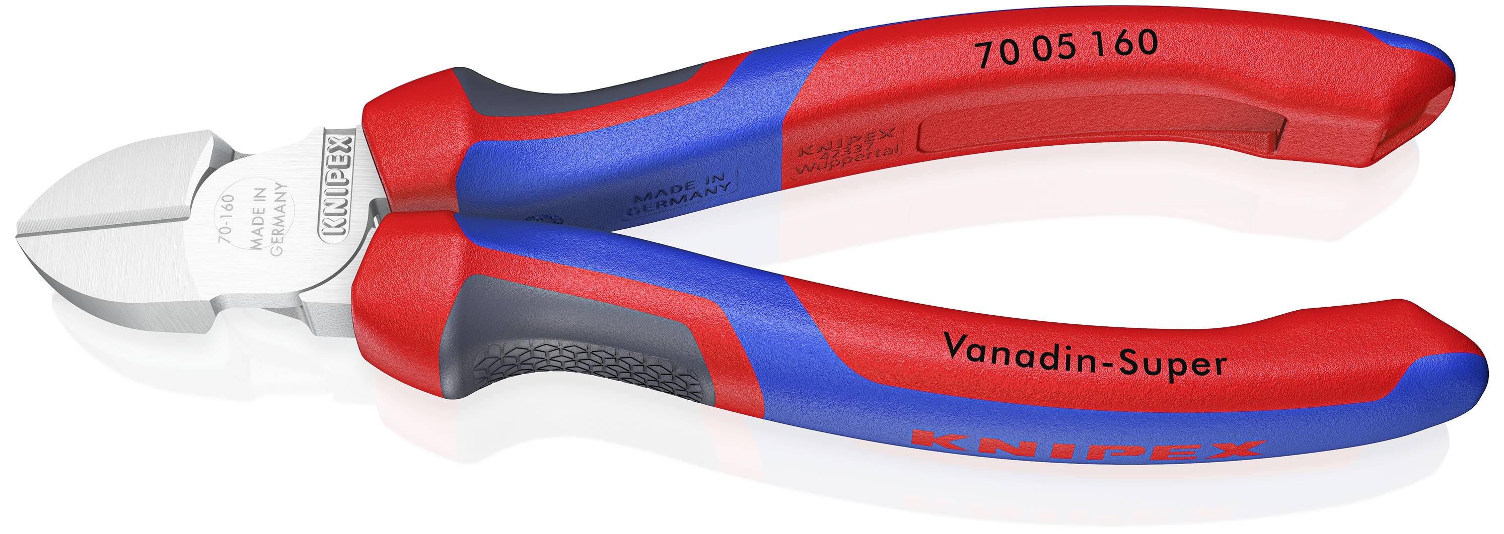 Röd och blå KNIPEX sidavbitare med texten '70 05 160' och 'Vanadin-Super' på handtagen.