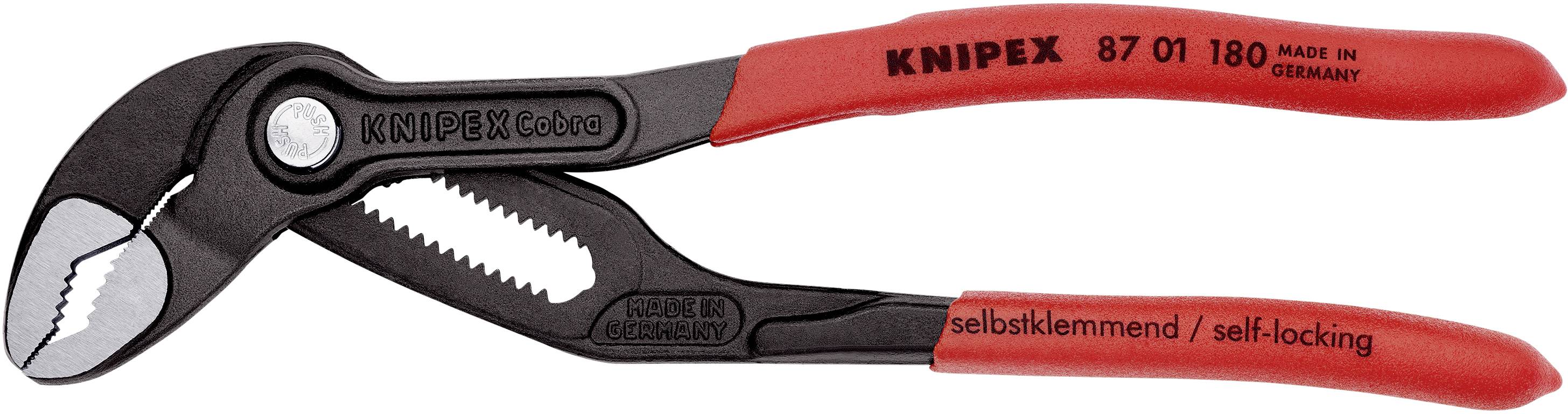 Röd och svart Knipex-tång, modell 87 01 180, med självlåsande mekanism, tillverkad i Tyskland.