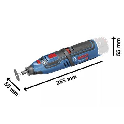 Ett blått, batteridritet multiverktyg från Bosch med röd-svarta detaljer och slipskiva. Mått: 255 mm längd, 55 mm höjd.