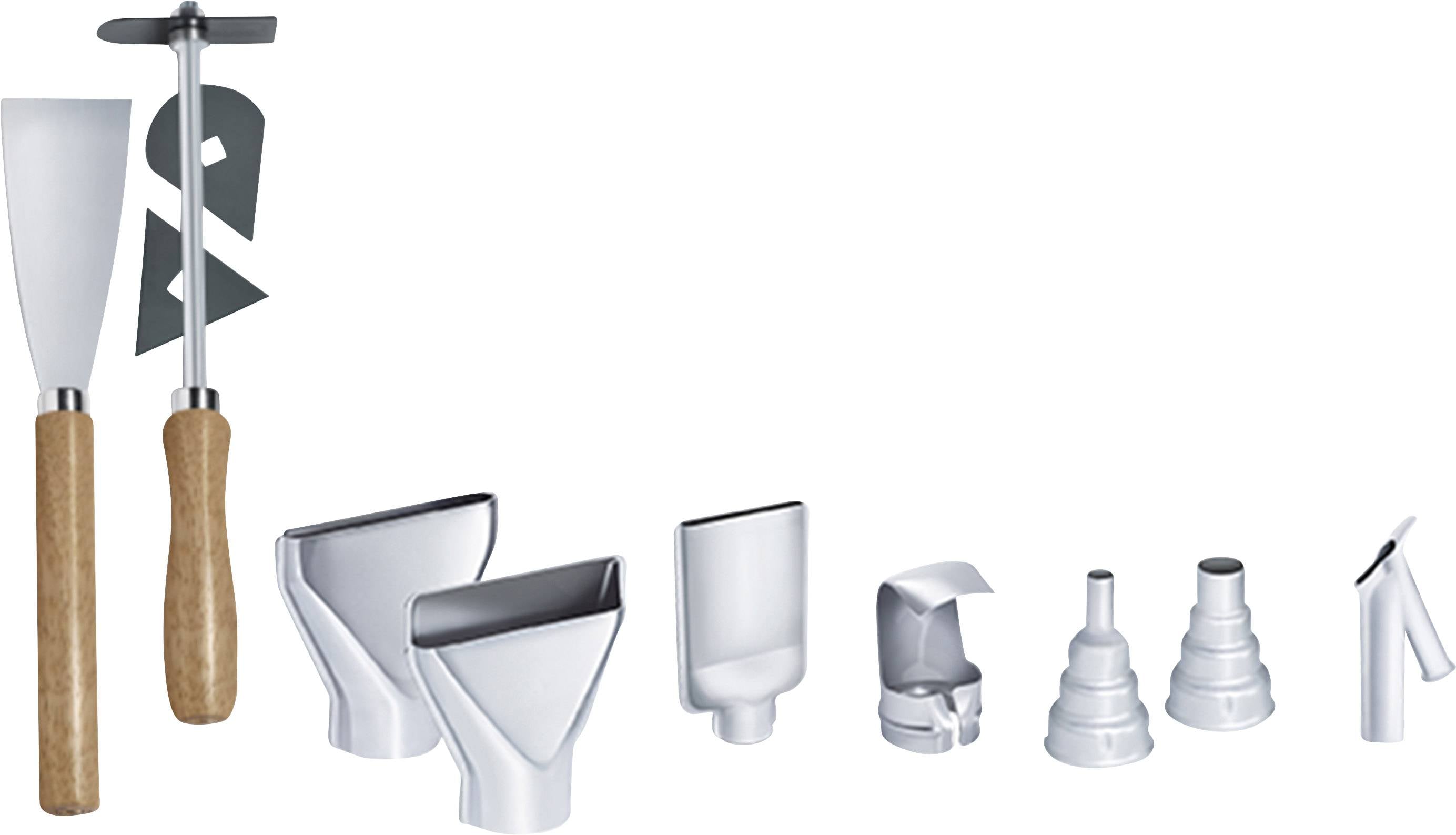 Varmluftmunstycksset med olika munstycksformer och två handtag, lämpligt för olika tillämpningar inom hantverksarbeten.