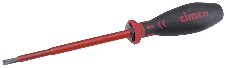 Skruvmejsel med ett rött, platt huvud och ett svart, ergonomiskt format handtag. Lämplig för spårskruvar.