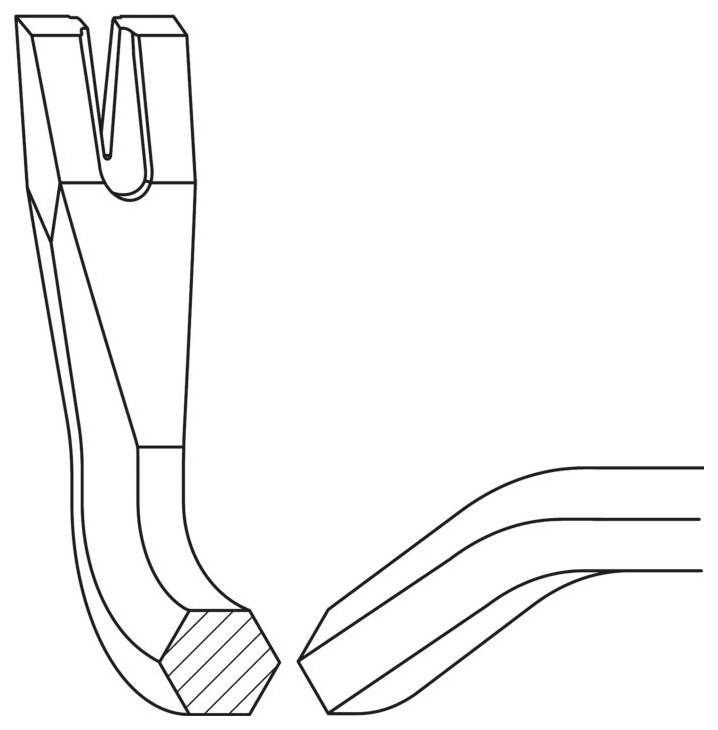 Linjeteckning visar olika perspektiv av ett däckjärn: en sidvy och en delvis närbild av den fasade spetsen.