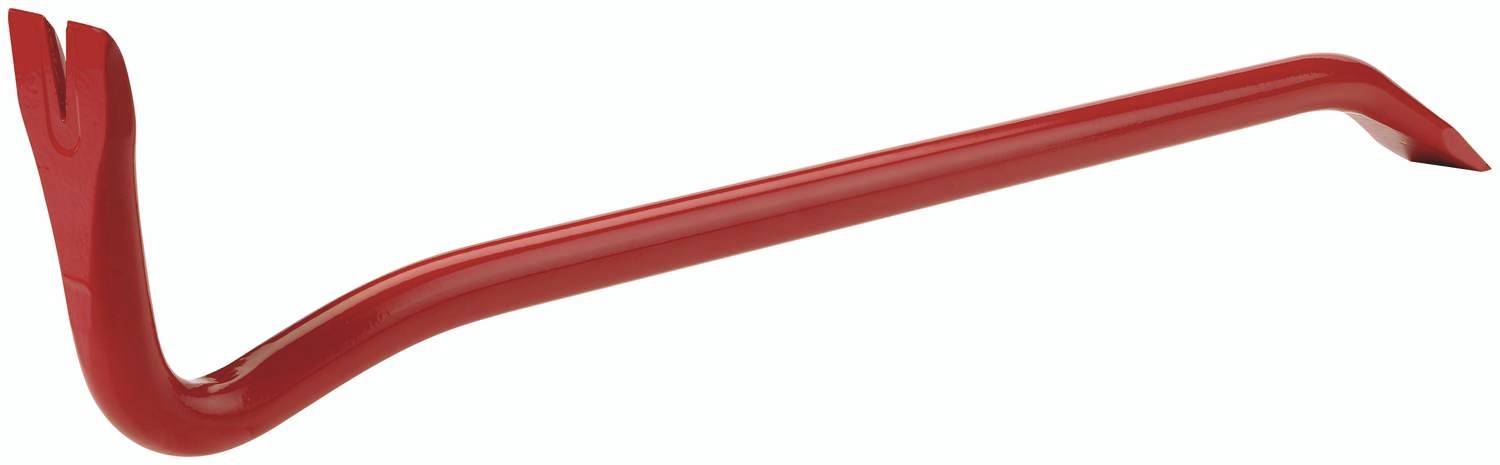 Röd kofot på vit bakgrund, med en böjd sida för hävstångseffekt och en kluven sida för att dra ut spik.