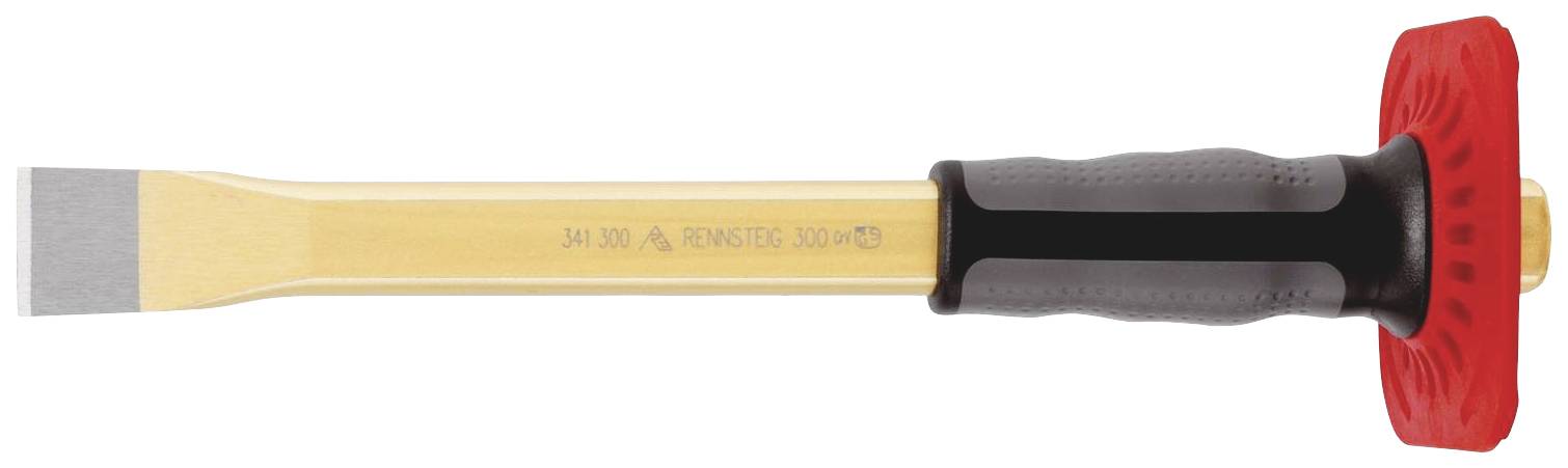 Flatmejsel med svart skaft och röd handskydd, liggandes vågrätt med spetsen pekande åt vänster.