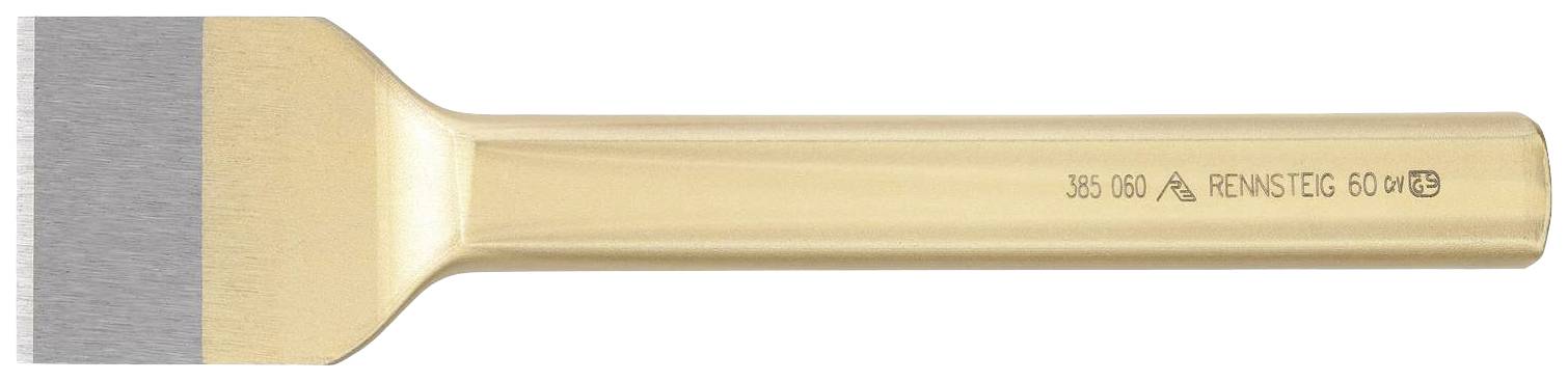 En gyllene flatmejsel med metallisk spets, lämplig för hantverksarbeten; varumärket 'RENNSTEIG' på skaftet.
