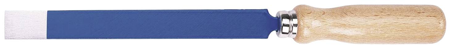 Stämjärn med blått, platt metallblad och rund trähandtag, verktyg för träbearbetning.