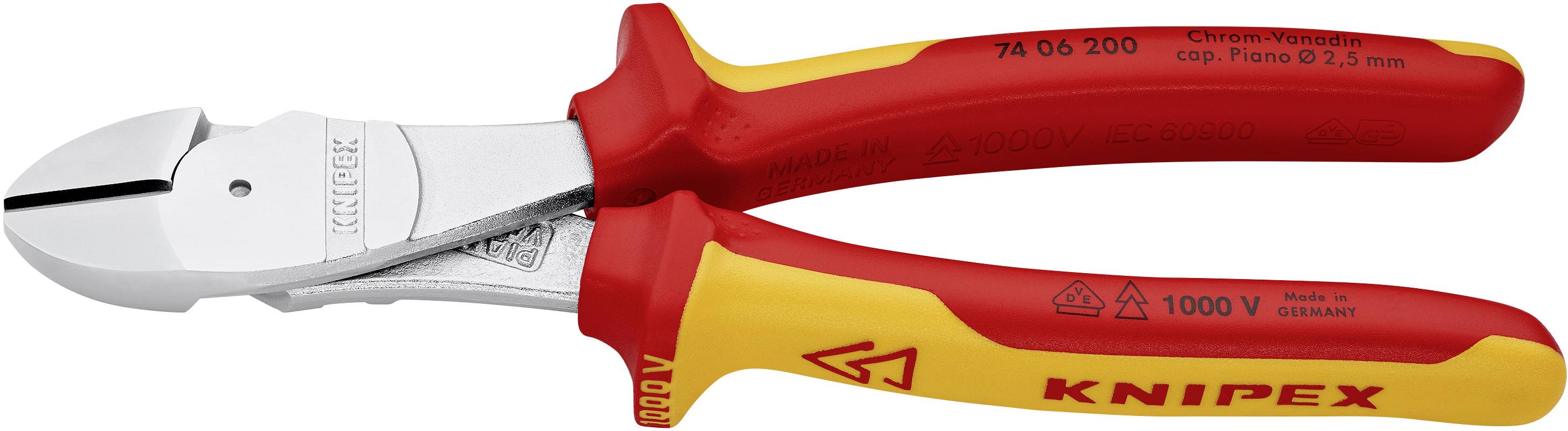 Sidavbitare med röda och gula handtag, lämpliga för arbeten upp till 1000V. Varumärkesnamn och säkerhetsmarkeringar på handtagen.