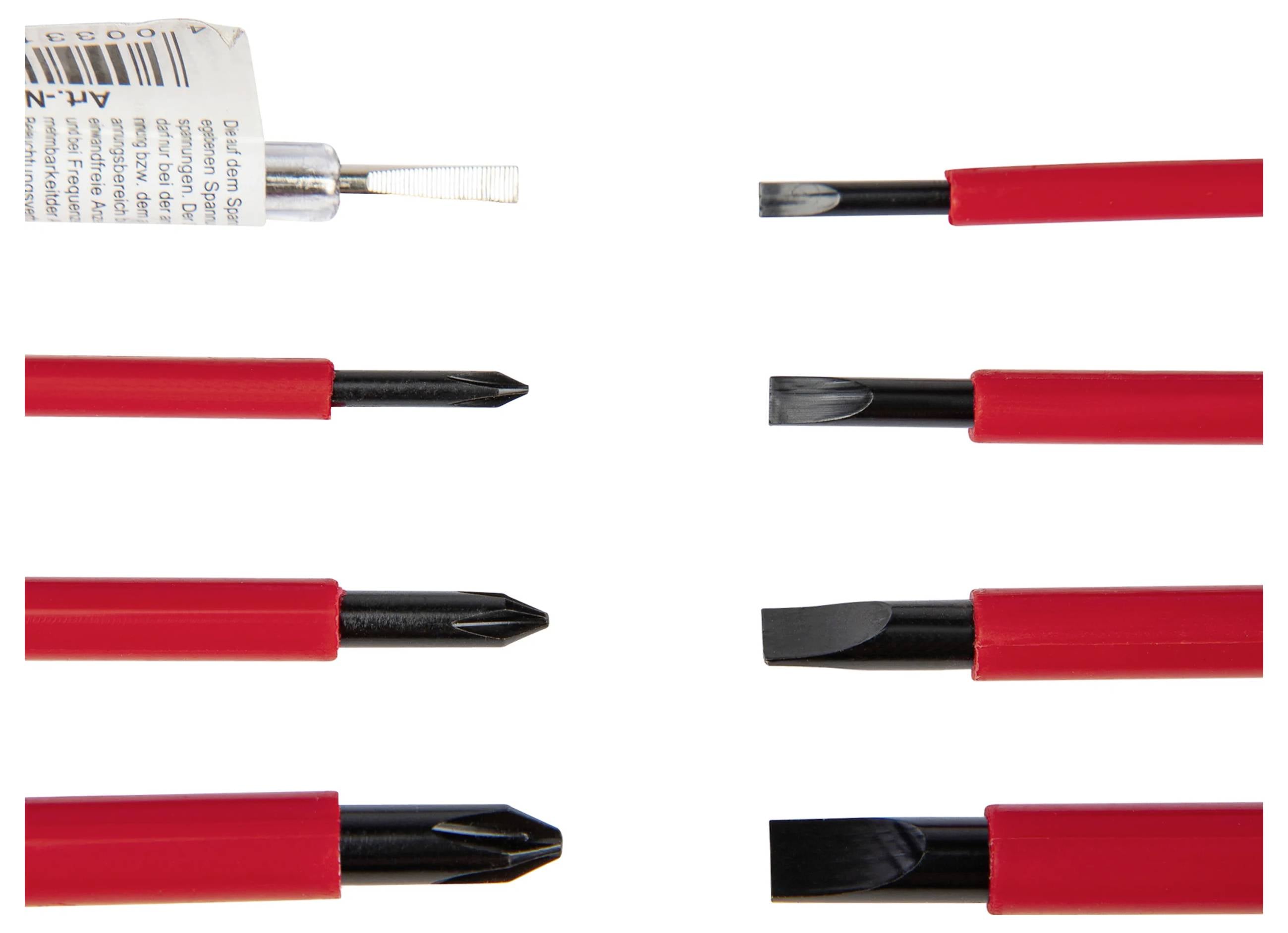 Sex olika skruvmejselspetsar med röda handtag, visade i två kolumner. Till vänster visas de olika spetsformerna.