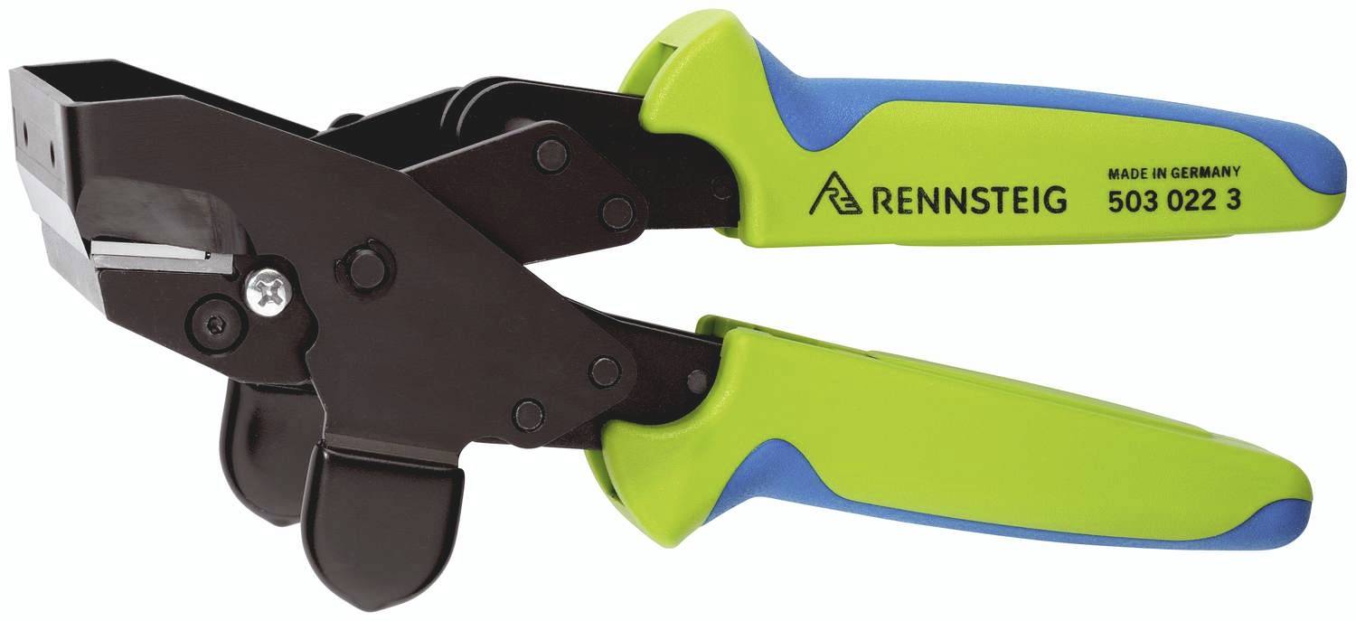 Grönt och blått skärverktyg med svart bladområde, varumärke och modellnummer tryckt på handtaget.