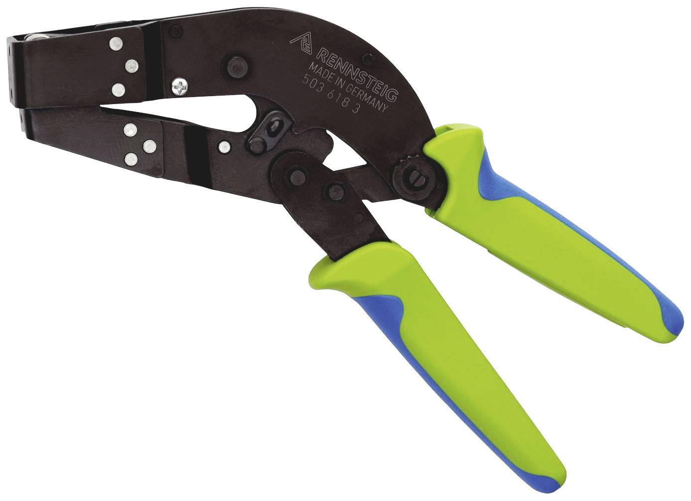 Verktyg med blå och gröna handtag för klippning eller grip med två käftar, avbildat på vit bakgrund.