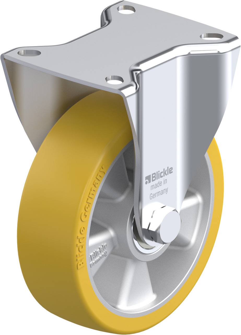 Industriell styrhjul med gult hjul och silverfärgat hölje, märkt 'Blickle made in Germany'.
