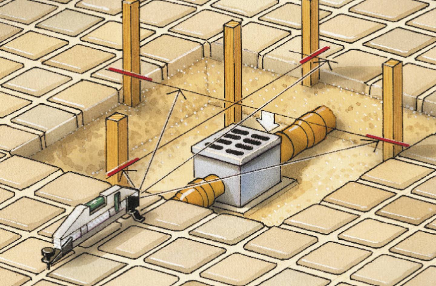 Illustration av en underjordisk tunnel med ett rektangulärt tillträdesschakt, stöttor och ventilationsrör, omgiven av gatstensbeläggning.