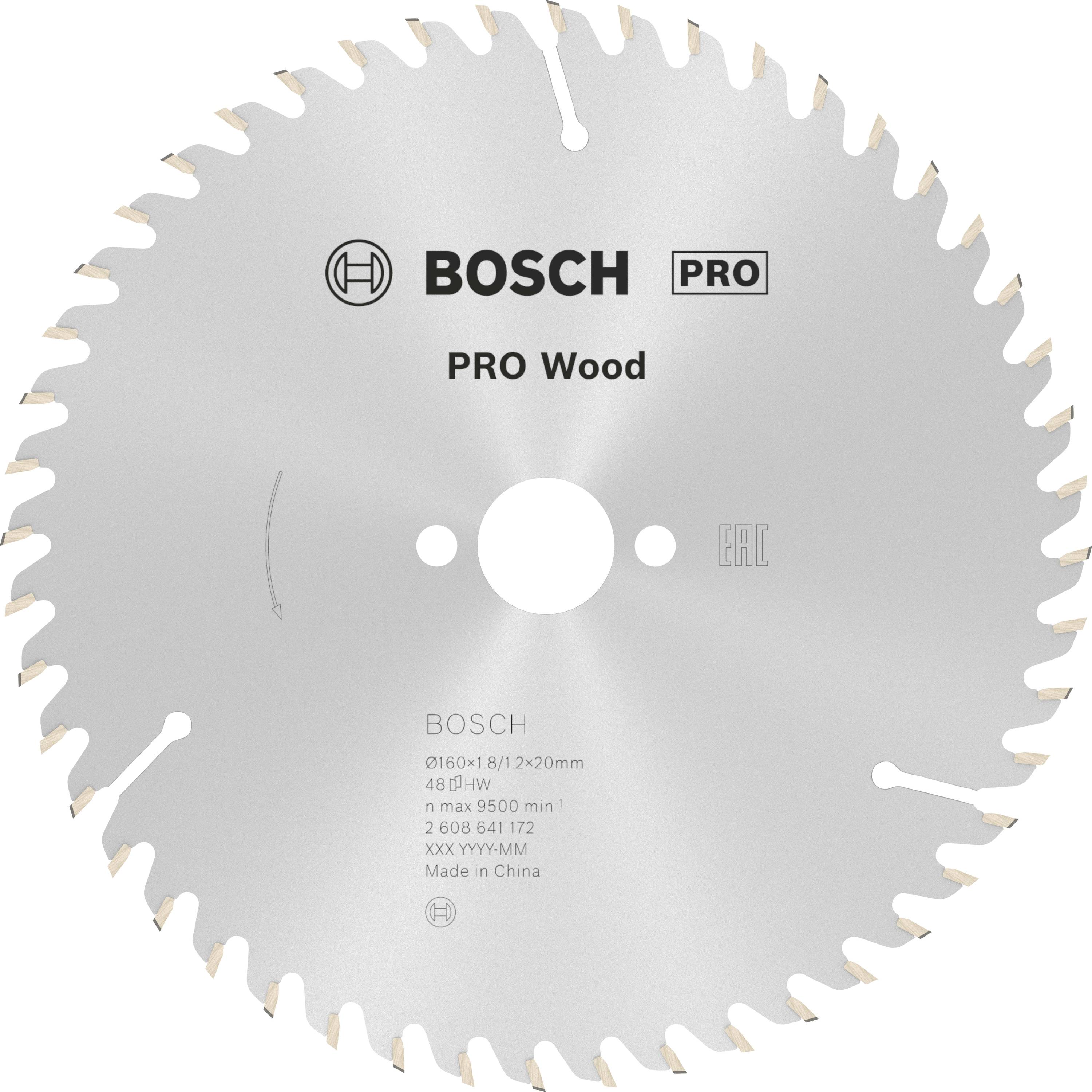 Ett silverfärgat cirkelsågblad med påskriften 'BOSCH PRO Wood', lämpligt för träarbeten, med angivet diameter och specificerade skärdetaljer.