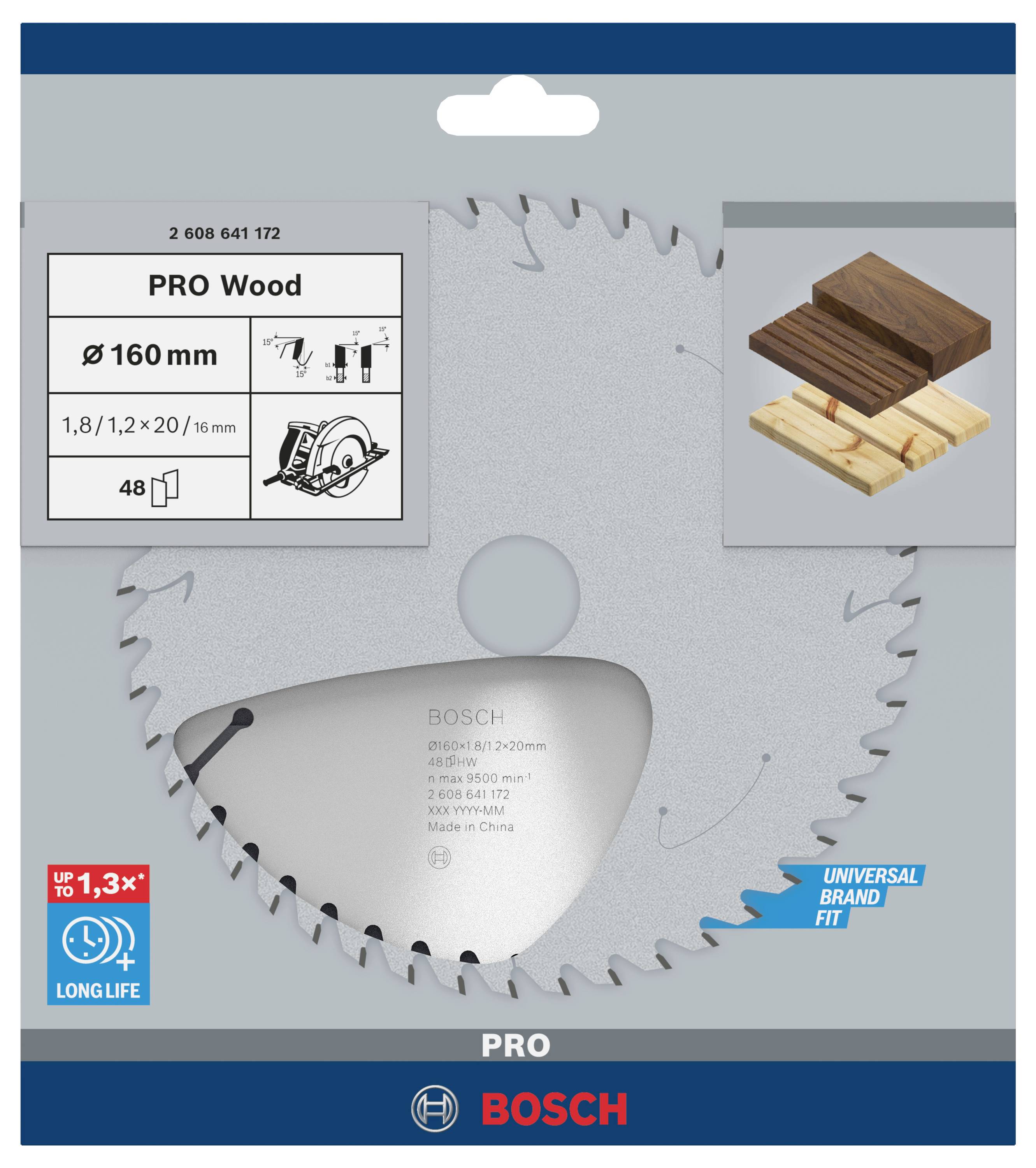 Förpackning av ett cirkelsågblad från Bosch för trä med texten 'PRO Wood', diameter 160 mm, lämpligt för snitt i trä.