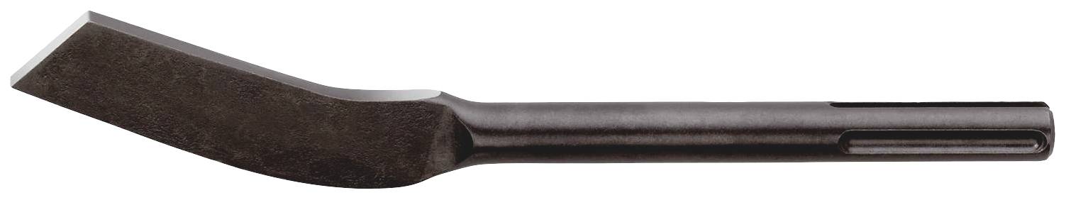 En platt mejsel av metall med skarp kant och rund skaft, lämplig för bearbetning av material som sten eller metall.