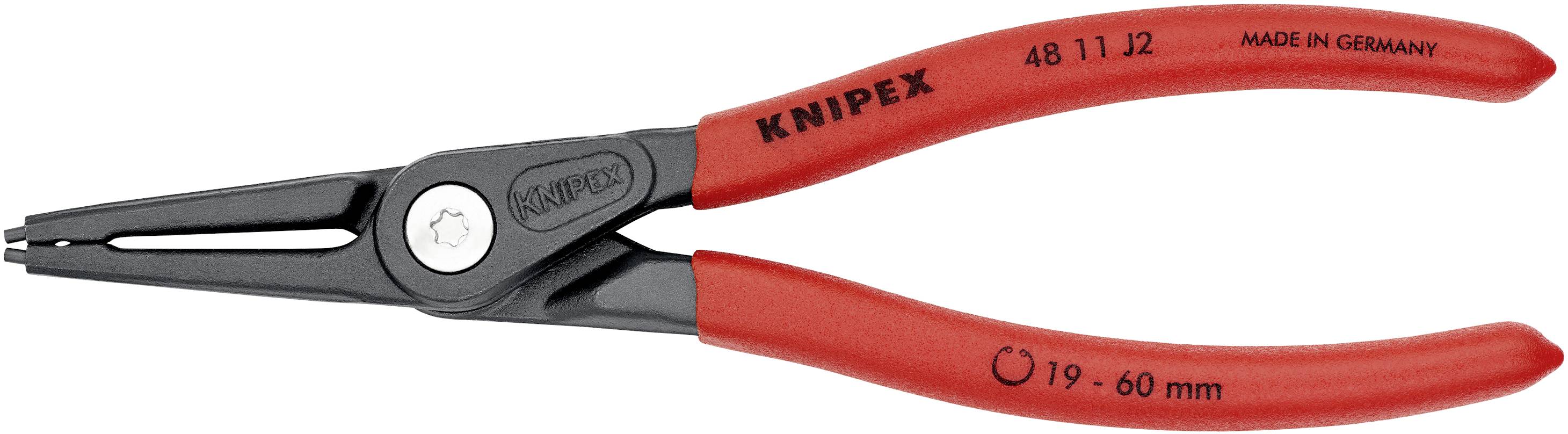 Röd låsringstång från Knipex, modell 48 11 J2, lämplig för invändiga låsringar från 19-60 mm. Tillverkad i Tyskland.