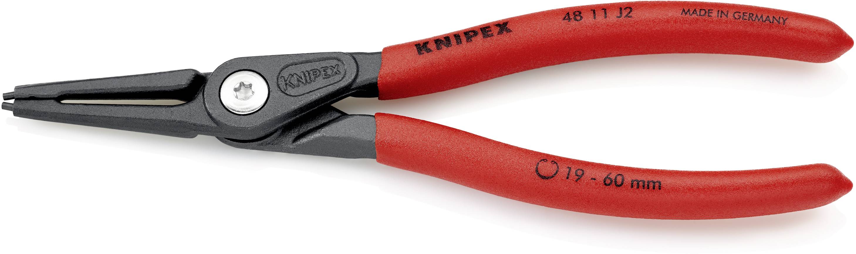 Röd Knipex sprängringtång med svart grepp, lämplig för ringar från 19-60 mm. Tillverkad i Tyskland.