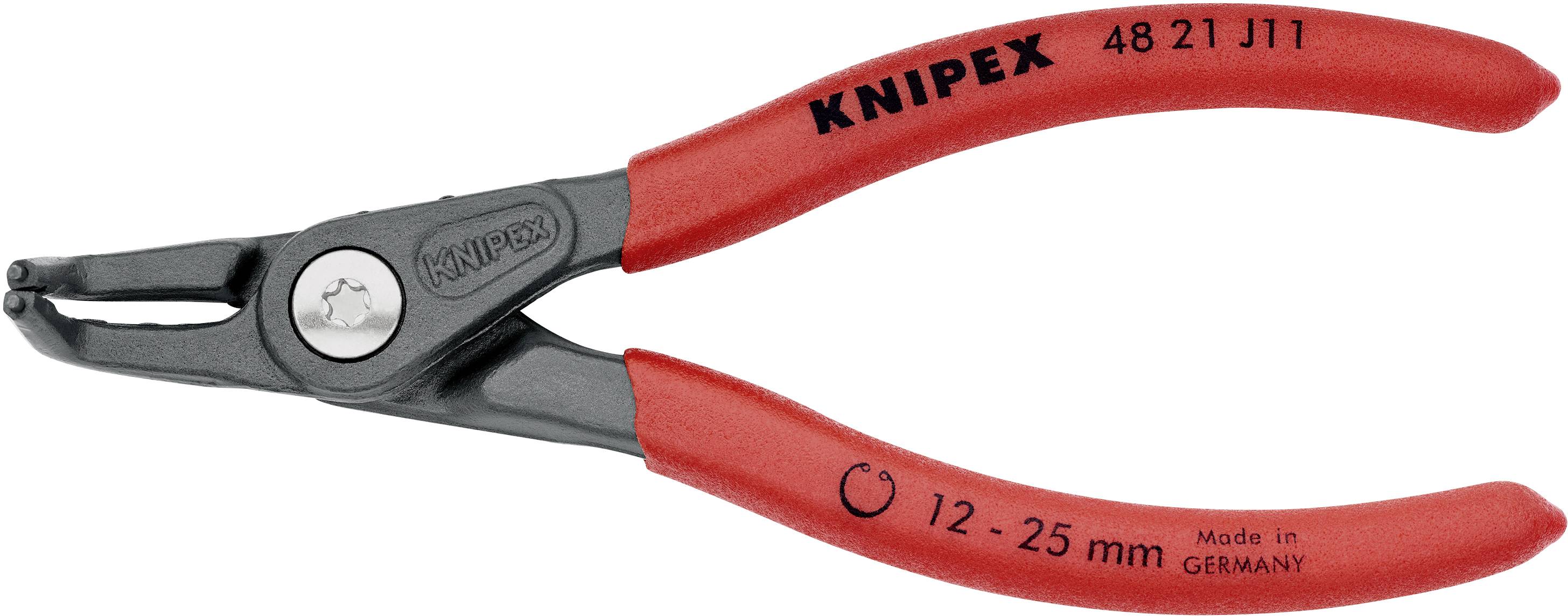 En röd KNIPEX-tång med böjt handtag, lämplig för säkringsringar från 12-25 mm.