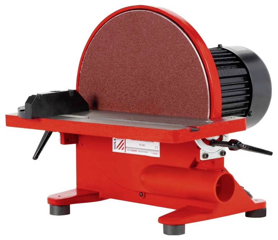 Röd skivslipmaskin med svart motor, placerad på ett arbetsbord, för precisionsslipning av material.