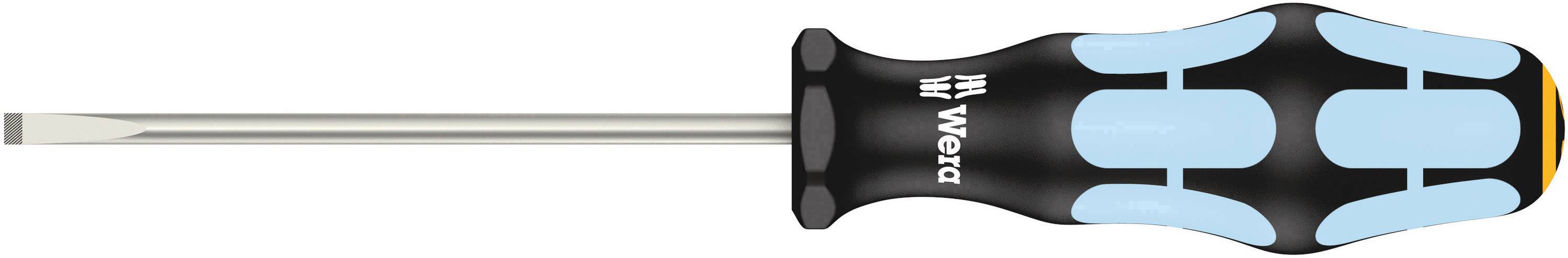 Platt skruvmejsel med svart och blå ergonomisk handtag.