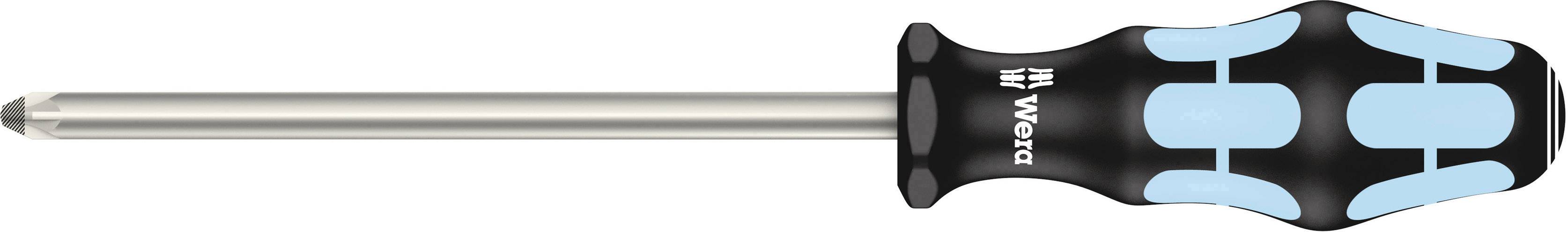 Krysspårsskruvmejsel med ergonomiskt, svart-blått handtag och silvrig metallspets.