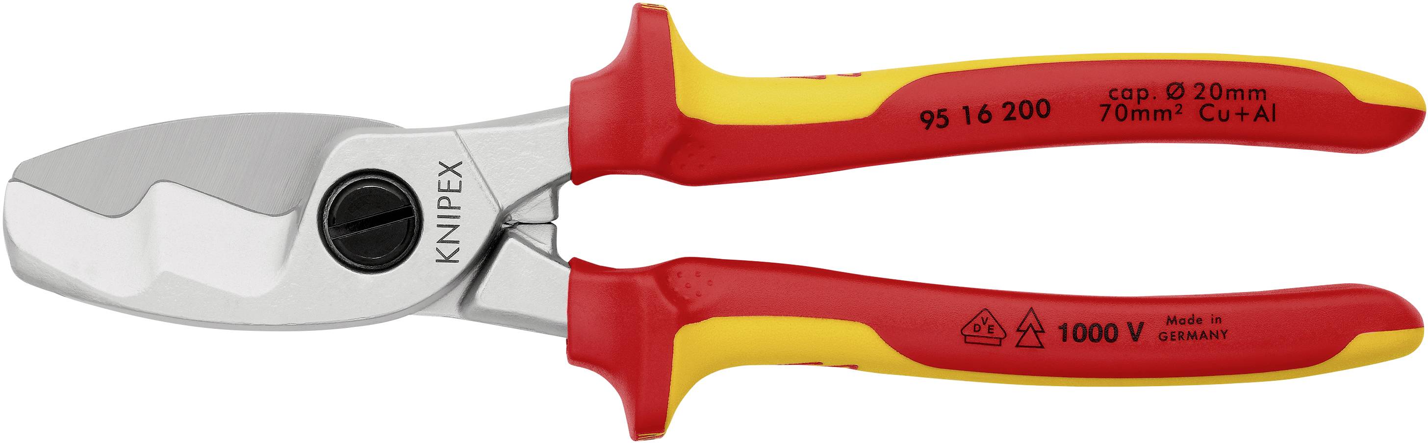 Isolerade KNIPEX kabelsaxar, röd-gul, för Cu/Al-ledare upp till 70 mm². Testad upp till 1000V. Tillverkad i Tyskland.