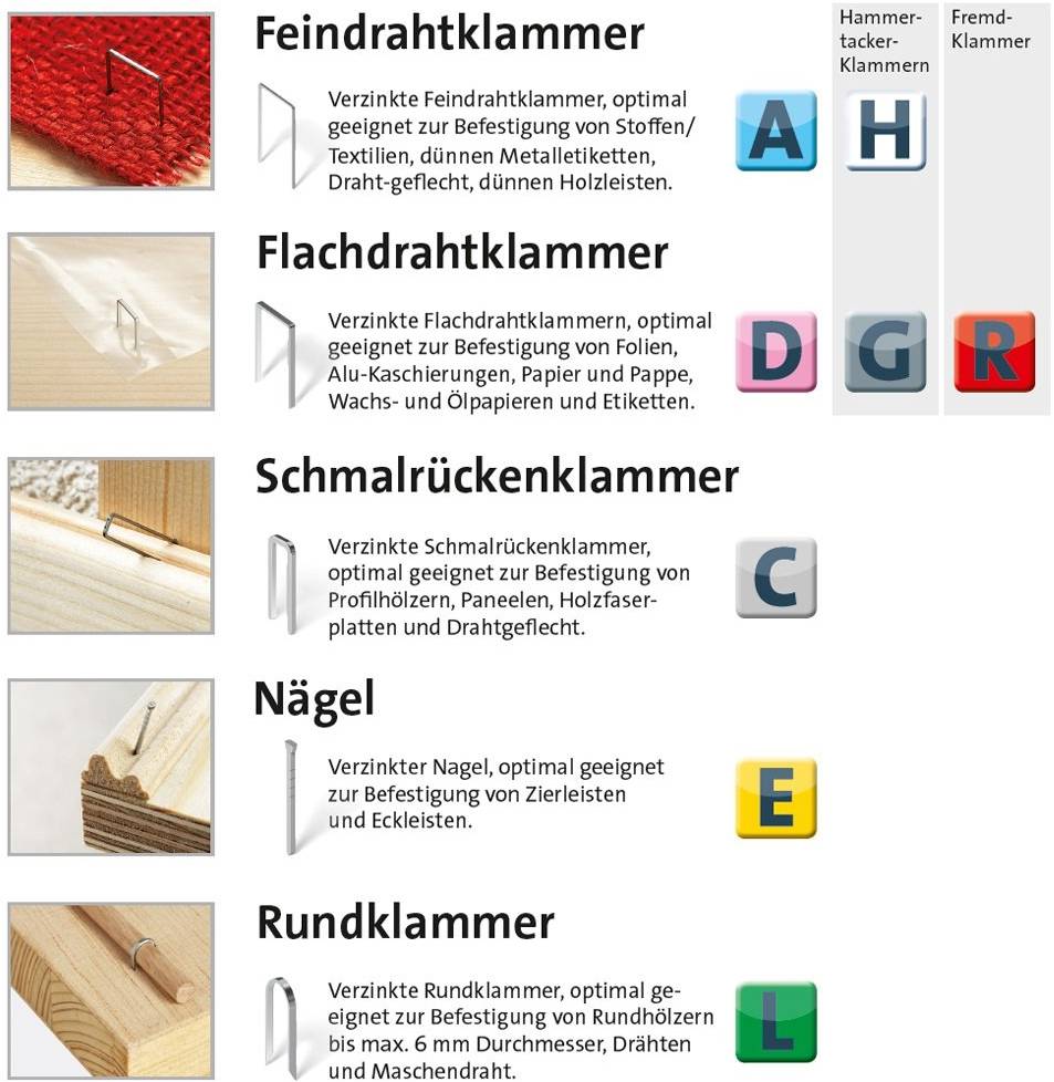 Här är översättningen till svenska:<br><br>'Finetrådsklammer', 'Plattrådsklammer', 'Smalryggklammer', 'Spik', 'Rundklammer'. Typer och användningsområden för klamrar.