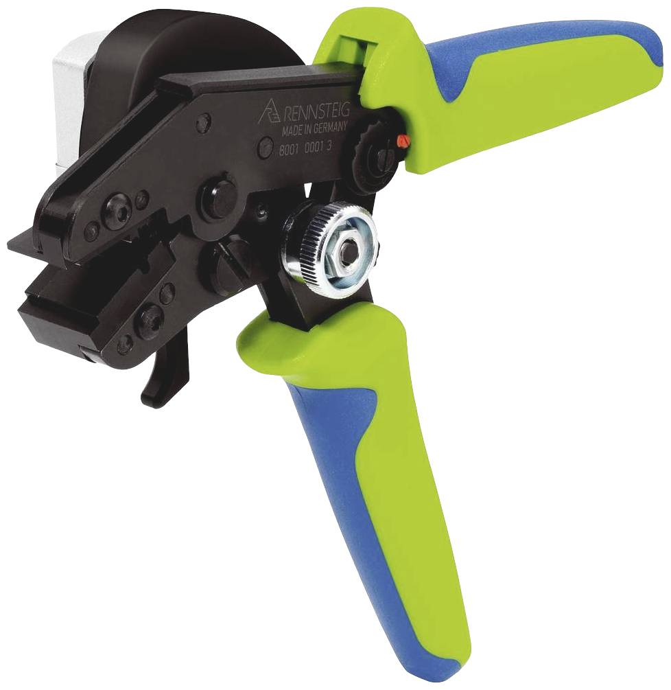 Avisoleringstång med gröna och blå handtag, lämplig för att avlägsna isolering från kablar med varierande diameter.