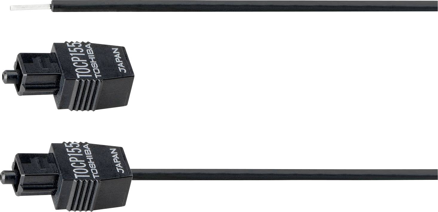 Två optiska Toslink-kablar från märket Toshiba, placerade bredvid varandra. En är stängd, den andra visar den avtagbara kappen.