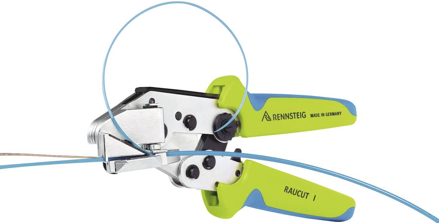 Avbildat är en avisolertång med blå-grön handtag. En blå tråd klipps av. På handtaget står det 'RAUCUT'.