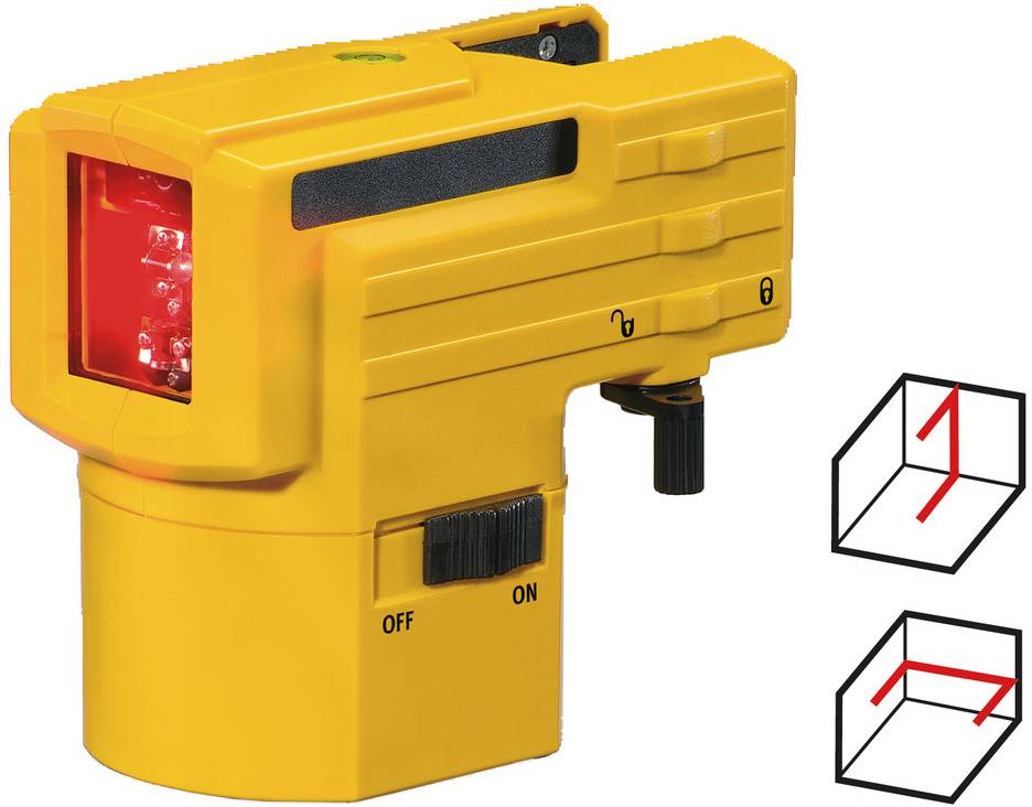 Ett gult laserkverktyg med rött ljus och vred visas, bredvid två diagram som visar linjeprojektioner.