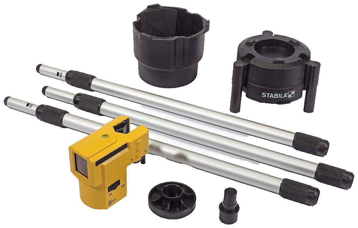 Set med bärbar laser med stänger, fästen och lasermodul, lämplig för bygg- och mätningsarbeten.