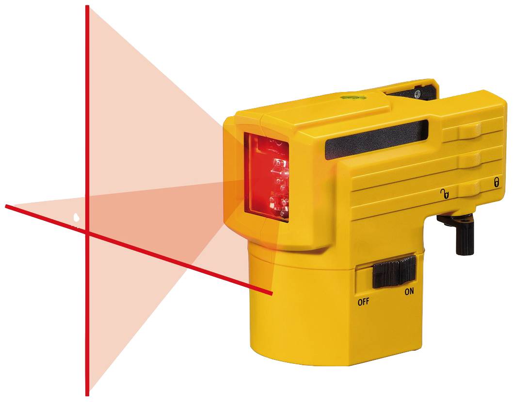 Gult lasernivåinstrument projicerar röda laserlinjer i ett krysskapat mönster.