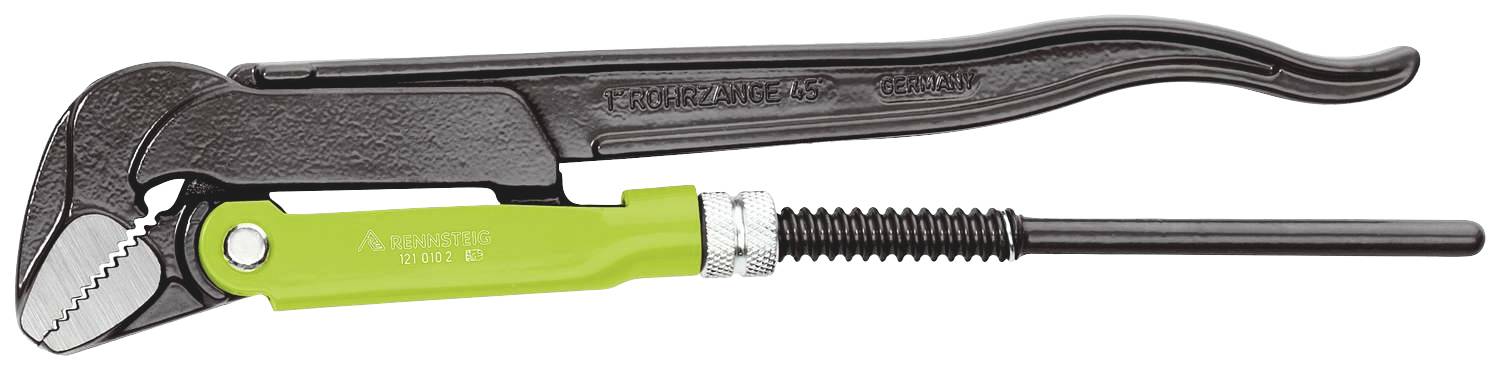 Rörtång med grönt handtag och svart spak, avsedd för att greppa och vrida rör.