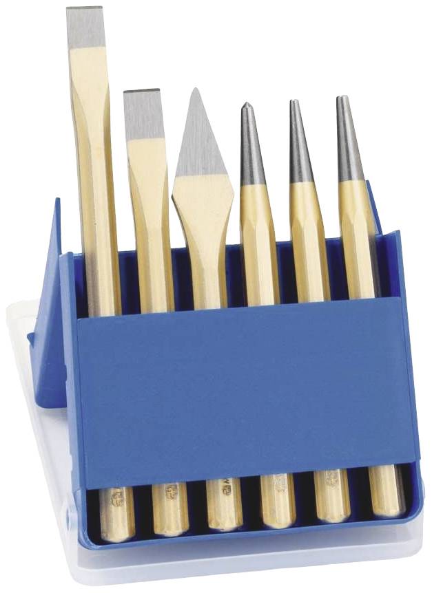 Stansverktygsset med sex olika verktyg i ett blått fodral, inklusive flatmejsel och splinttryckare.