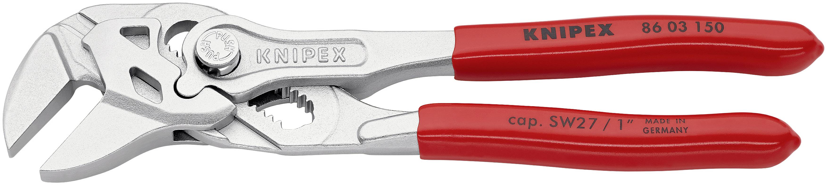 Tång med justerbart käft och röda handtag, märke Knipex, modellnummer 86 03 150, tillverkad av rostfritt stål, tillverkad i Tyskland.