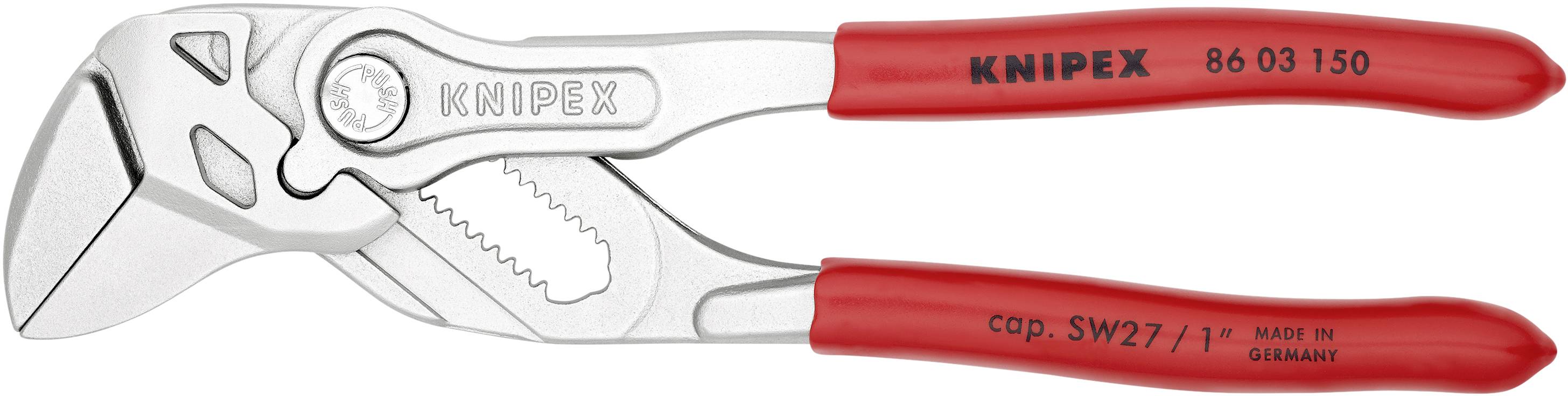 Röd rörtång med justbart grepp, silvergrå handtag och inskription 'KNIPEX'. Verktyg för att greppa och hålla arbetsstycken.