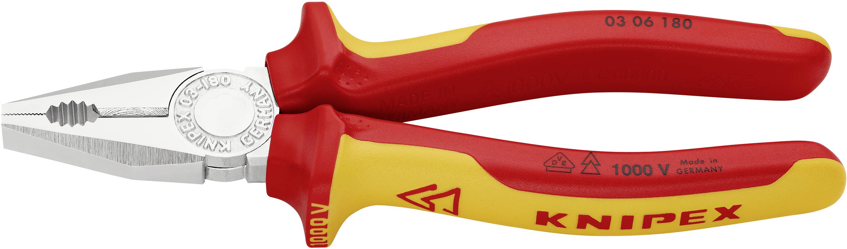 Röd och gul KNIPEX kombinationstång, isolerad för arbeten upp till 1000 V, märkt 'Made in Germany'.