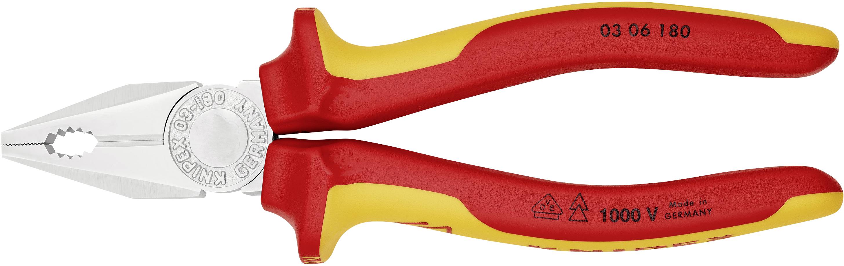 Kombinationstång med isolerade, röd-gula handtag, lämplig för arbeten upp till 1000V, märkt 'Made in Germany', metallblad.