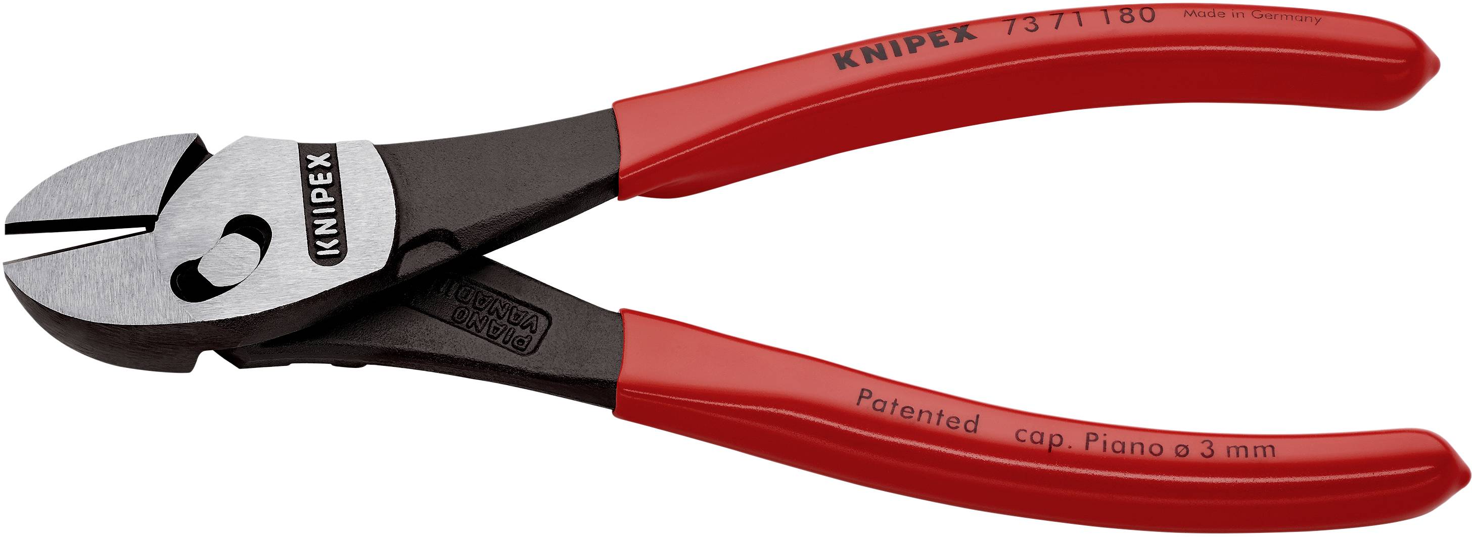 Bilden visar en röd Knipex-avbitartång som används för att klippa trådar. Tången har ett rött handtag och metalliska skär.