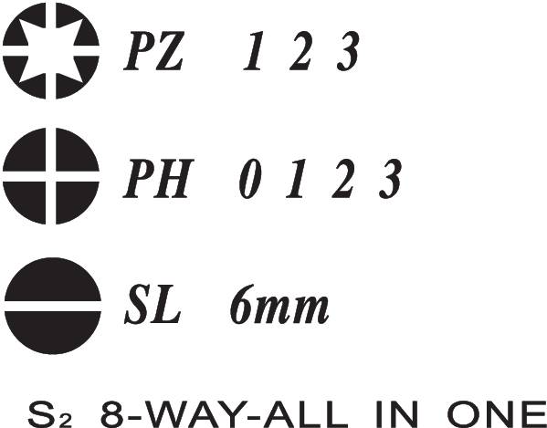 Tre symboler: PZ 1-3, PH 0-3, SL 6mm. Text: "S2 8-WAY-ALL IN ONE".