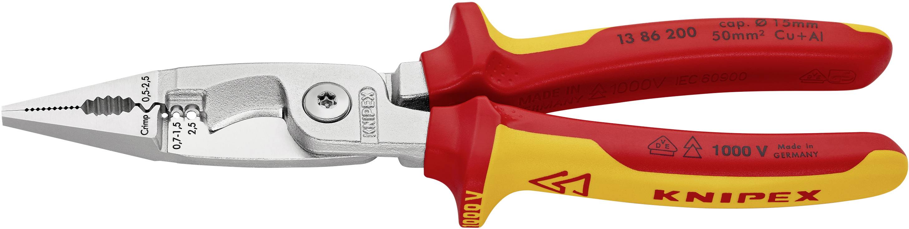En röd och gul Knipex-kombitång med isolerade handtag för säker hantering vid arbete med strömförande ledningar upp till 1000V.
