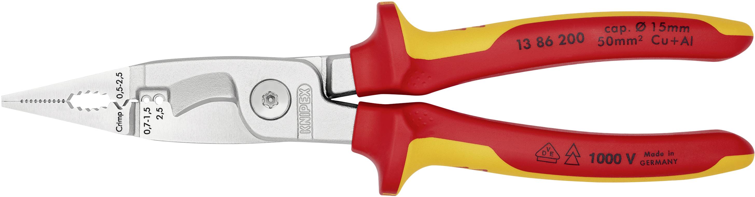 Isolerad avbitarतång med röda och gula handtag. Elektriska specifikationer och säkerhetsmärkningar är synliga.