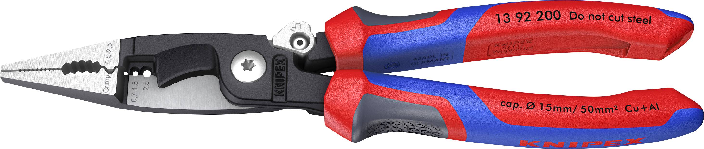 Ett par isolerade multikomponenttänger med skäregg, visade från sidan, med röda och blå ergonomiska handtag.
