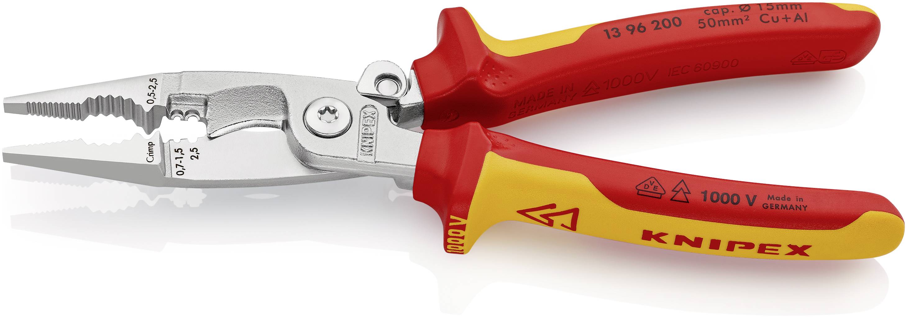 En röd och gul kombinationstång från märket Knipex med isolerade handtag, lämplig för arbeten upp till 1000V, med prägling 'Made in Germany'.